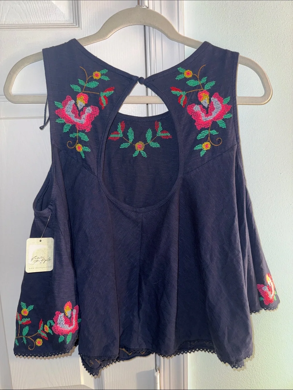 Free People Navy Embroidered Floral Tank with Pink Roses